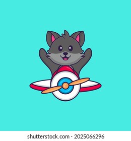 Cute cat flying on a plane. Animal cartoon concept isolated. Can used for t-shirt, greeting card, invitation card or mascot.