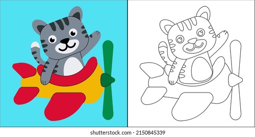 Cute cat flying on a plane, suitable for children's coloring page vector illustration