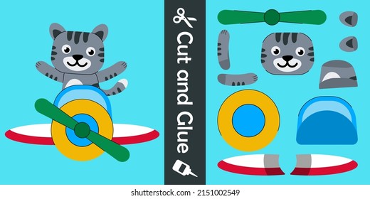 Cute cat flying on a plane. education paper game for children. cut and glue. vector illustration