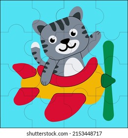Cute cat flying on a plane, suitable for children's puzzle vector illustration