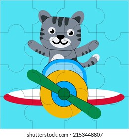 Cute cat flying on a plane, suitable for children's puzzle vector illustration