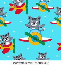 Cute cat flying on a plane seamless pattern vector illustration