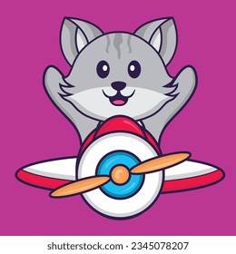 Cute cat flying on a plane. Animal cartoon concept isolated. Can used for t-shirt, greeting card, invitation card or mascot