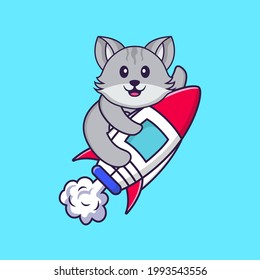 Cute cat flying on rocket. Animal cartoon concept isolated. Can used for t-shirt, greeting card, invitation card or mascot.