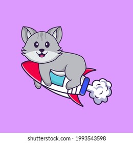 Cute cat flying on rocket. Animal cartoon concept isolated. Can used for t-shirt, greeting card, invitation card or mascot.