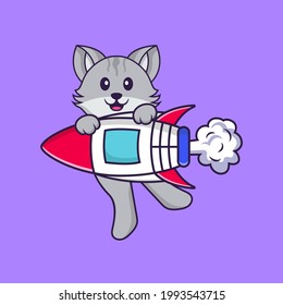 Cute cat flying on rocket. Animal cartoon concept isolated. Can used for t-shirt, greeting card, invitation card or mascot.