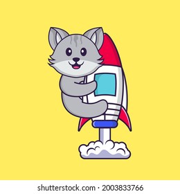 Cute cat flying on rocket. Animal cartoon concept isolated. Can used for t-shirt, greeting card, invitation card or mascot.