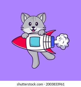 Cute cat flying on rocket. Animal cartoon concept isolated. Can used for t-shirt, greeting card, invitation card or mascot.