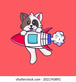 Cute cat flying on rocket. Animal cartoon concept isolated. Can used for t-shirt, greeting card, invitation card or mascot.