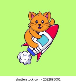 Cute cat flying on rocket. Animal cartoon concept isolated. Can used for t-shirt, greeting card, invitation card or mascot.