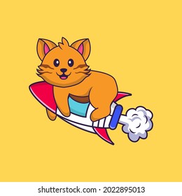 Cute cat flying on rocket. Animal cartoon concept isolated. Can used for t-shirt, greeting card, invitation card or mascot.