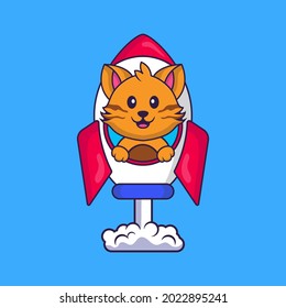 Cute cat flying on rocket. Animal cartoon concept isolated. Can used for t-shirt, greeting card, invitation card or mascot.