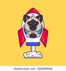 Cute cat flying on rocket. Animal cartoon concept isolated. Can used for t-shirt, greeting card, invitation card or mascot.