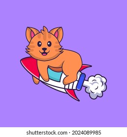 Cute cat flying on rocket. Animal cartoon concept isolated. Can used for t-shirt, greeting card, invitation card or mascot.