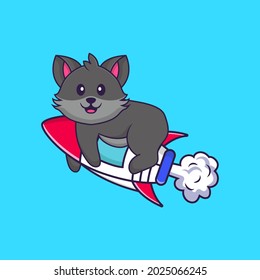 Cute cat flying on rocket. Animal cartoon concept isolated. Can used for t-shirt, greeting card, invitation card or mascot.
