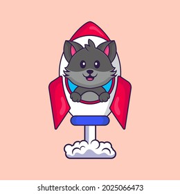 Cute cat flying on rocket. Animal cartoon concept isolated. Can used for t-shirt, greeting card, invitation card or mascot.