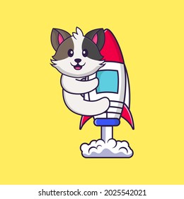 Cute cat flying on rocket. Animal cartoon concept isolated. Can used for t-shirt, greeting card, invitation card or mascot.