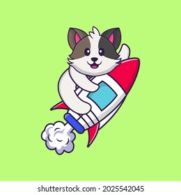 Cute cat flying on rocket. Animal cartoon concept isolated. Can used for t-shirt, greeting card, invitation card or mascot.