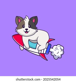 Cute cat flying on rocket. Animal cartoon concept isolated. Can used for t-shirt, greeting card, invitation card or mascot.