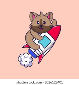 Cute cat flying on rocket. Animal cartoon concept isolated. Can used for t-shirt, greeting card, invitation card or mascot.