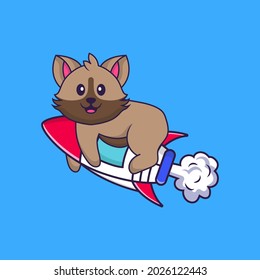 Cute cat flying on rocket. Animal cartoon concept isolated. Can used for t-shirt, greeting card, invitation card or mascot.