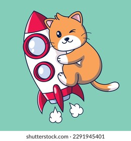 Cute cat flying on a rocket. Vector illustration of cartoon character.