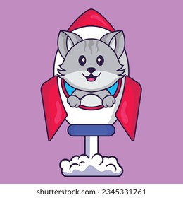 Cute cat flying on rocket. Animal cartoon concept isolated. Can used for t-shirt, greeting card, invitation card or mascot