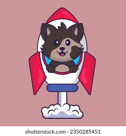 Cute cat flying on rocket. Animal cartoon concept isolated. Can used for t-shirt, greeting card, invitation card or mascot
