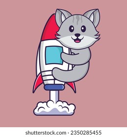 Cute cat flying on rocket. Animal cartoon concept isolated. Can used for t-shirt, greeting card, invitation card or mascot.