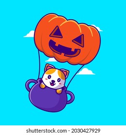 Cute Cat flying with Pumpkin Balloon Cartoon Illustration. Halloween Flat cartoon Style Concept