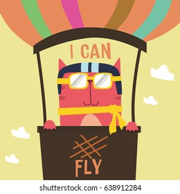 Cute Cat flying ride hot air balloon. Design for tee print, t-shirt, embroidery, shirt, mug, bag, lunchbox, wallpaper, tote bag, poster and banner flat design for kids. Retro vector illustration