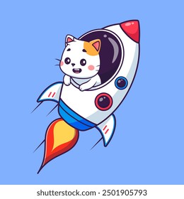 Cute Cat Flying With Rocket Cartoon Vector Icon Illustration. Animal Science Icon Concept Isolated Premium Vector. Flat Cartoon Style