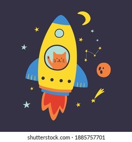 Un gato lindo volando en un cohete. Ilustración vectorial dibujada a mano. Ilustración infantil. Animales adorables. Bien por afiches, textiles, camisetas.