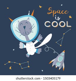 Cute Cat Flying Space Near Rocket Stock Vector (Royalty Free ...