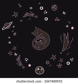Cute cat flying in space surrounded by planets, stars, asteroids. Simple sweet kids nursery illustration. Graphic design for apparel.