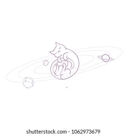 Cute cat flying in space surrounded by planets as the center of solar system. Simple sweet kids nursery illustration. Graphic design for apparel.