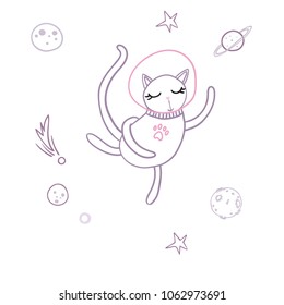Cute cat flying in space surrounded by planets, stars, asteroids. Simple sweet kids nursery illustration. Graphic design for apparel.