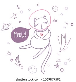 Cute cat flying in space surrounded by stars, planets. asteroids. Meow hand lettering. Simple sweet kids nursery illustration. Graphic design for apparel.