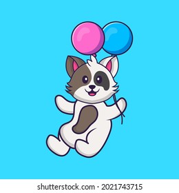 Cute cat flying with two balloons. Animal cartoon concept isolated. Can used for t-shirt, greeting card, invitation card or mascot.