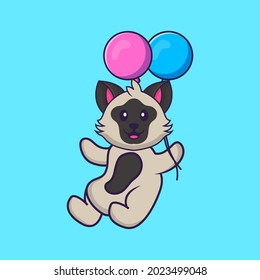 Cute cat flying with two balloons. Animal cartoon concept isolated. Can used for t-shirt, greeting card, invitation card or mascot.