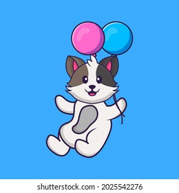 Cute cat flying with two balloons. Animal cartoon concept isolated. Can used for t-shirt, greeting card, invitation card or mascot.