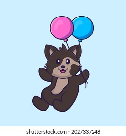 Cute cat flying with two balloons. Animal cartoon concept isolated. Can used for t-shirt, greeting card, invitation card or mascot.