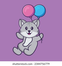 Cute cat flying with two balloons. Animal cartoon concept isolated. Can used for t-shirt, greeting card, invitation card or mascot