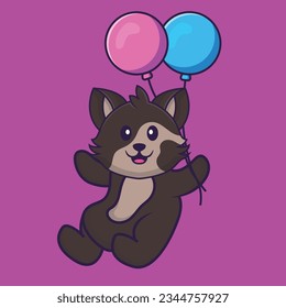 Cute cat flying with two balloons. Animal cartoon concept isolated. Can used for t-shirt, greeting card, invitation card or mascot