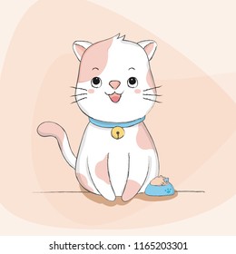 Cute cat with food animal character cartoon hand drawn. Vector illustration design.