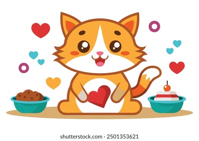 Cute cat with food and hearts vector illustration with hearts and food, editable high quality print ready sticker file, Cat Cartoon for logo, banner and social media