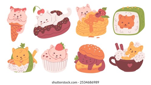 Cute cat in food icons set. Funny burger, rolls, donut, cupcake, ice cream cone with kitten. Cartoon comic animal food vector flat illustration isolated. Children cafe menu fast food and dessert