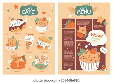 Cute cat in food on children cafe menu fast food and dessert with price. Funny burger, sushi, donut, cupcake, ice cream cone, coffee with kitten. Cartoon vector comic animal food stylization