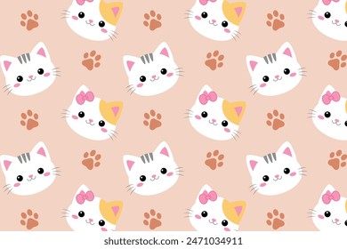Cute cat and footprints seamless pattern wallpaper illustration  