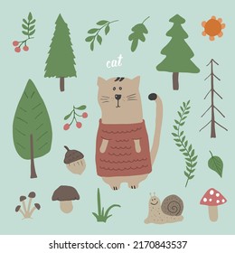 Cute Cat in forest. Cartoon Animal in Woodland with trees and plants. Vector illustration.